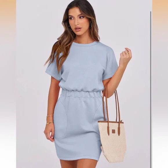 NWT-Small 2026 Summer Casual Short Sleeve Crew Neck Elastic Waist T Shirt Dress - Picture 7 of 8